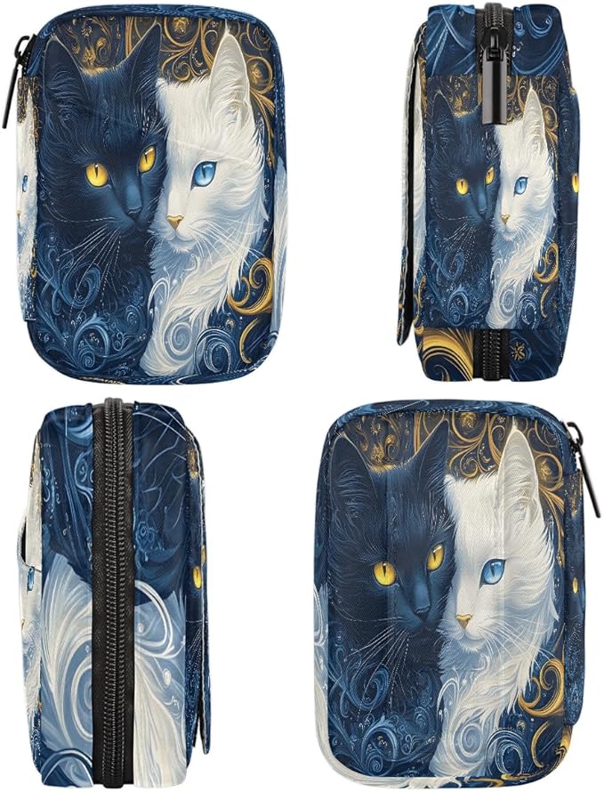 Weekly Travel Pill Organizer Case for Purse with Removable 7 Day Box Portable Compact Size Pill Box Fashionable Pill Container for Medicine Vitamin Supplement Blue White Cat