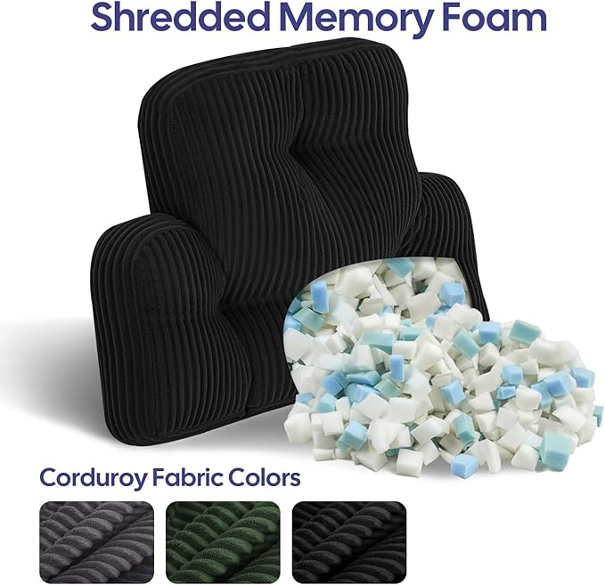 Lumbar Support Pillow for Recliner, Large Back Support Pillow for Office Chair, Tufted Corduroy Back Cushion for Elderly, Lower Back Pain Relief, Ideal for Sofa & Couch, Black