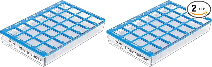 Ezy Dose Weekly (7-Day) Pill Organizer, Vitamin and Medicine Box, Small Compartments with Easy Fill Tray, 4 Times a Day, Clear Lids, Color May Vary, Assorted (Pack of 2)