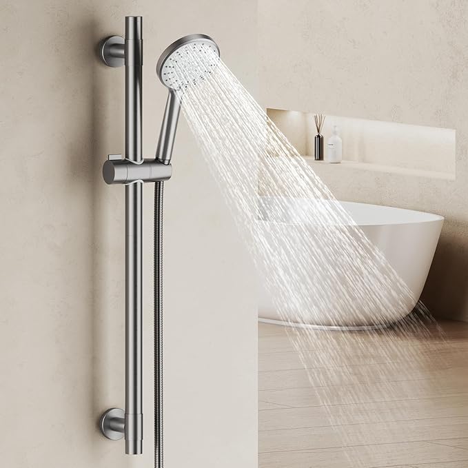 Shower Slide Bar Handheld Shower Head with Hose, 5-Function Hand Shower with Wall Mount，shower slide bar,adjustable height shower head (A-round, Brushed Nickel)
