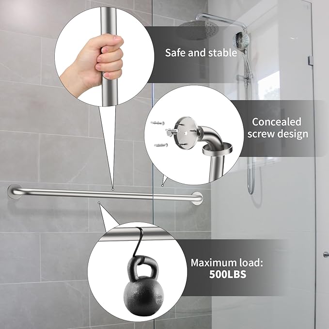 2 Pack 40 Inch Shower Grab Bars Satin Brushed Nickel, ZUEXT SUS304 Stainless Steel Bathroom Shower Balance Bar, Safety Hand Rail Support,Handicap Elderly Senior Assist Bath Grab Handle(1.25" Diameter)