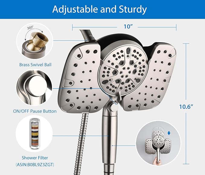 INAVAMZ Nickel 2.5GPM Shower Head with Handheld High Pressure: 10” Rainfall Shower Head & HandHeld Shower Head, 9 Spray Settings Detachable Shower Head with ON/OFF Switch and 15-Stage Filter