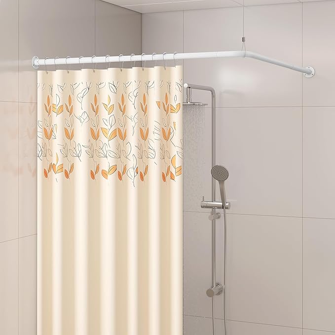 L Shaped Corner Shower Curtain Rod, 24" - 53" x 24" - 53" Adjustable 90 Degree Curved Bathroom Rod Square No Sag with 12 Hooks & Ceiling Support - White