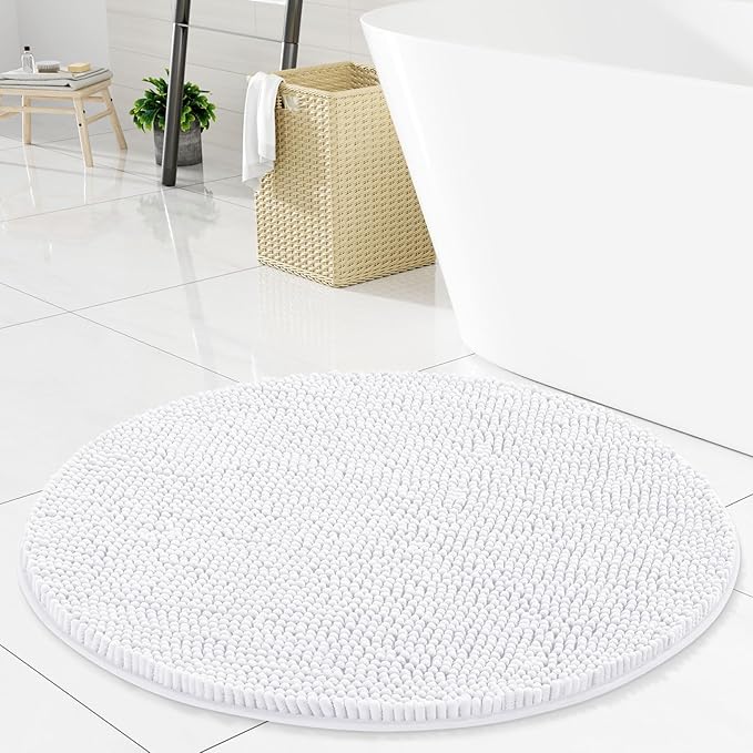 Arotive Bathroom Rugs Round 30x30, Extra Soft Absorbent Shaggy Chenille Bath Rugs, Machine Washable Rubber Backing Non-Slip Bath Mats for Bathroom Floor Tub and Shower, Home Decor Accessories, White
