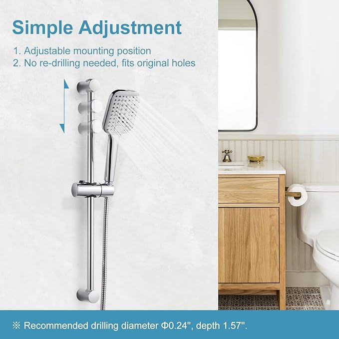 OFFO Shower Slide Bar Combo, Adjustable 21 in Slide Bar with 3-Mode Square Handheld Shower Head and 60 in Stainless Steel Hose, Screw Wall Mounted, Chrome Finish