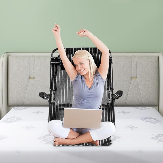 Lifting Bed Backrest, Adjustable Bed Backrest with 7-Position Support & Pillow - Foldable Reading Chair for Elderly, Patients, Home Use, Max 220Lbs, Black Stripe