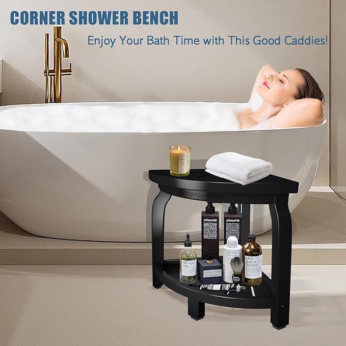 KingPavonini Bamboo Corner Shower Stool for Shaving Legs Foot Rest, Waterproof Bath Bench Seat with Storage Shelf for Bathroom Inside Shower, Hold Up to 450Lbs