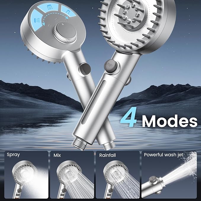 PWERAN Filtered Shower Head with Handheld, High Pressure 4 Spray Mode Showerhead with Filters, Water Softener Beads for Hard Water with ON/OFF Switch for Pets - Remove Chlorine (Silver, 5 inch Panel)