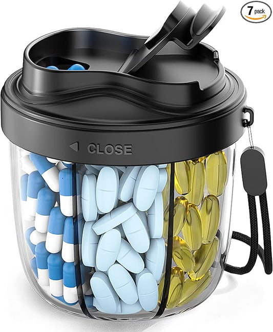 Cute Pill Organizer,Pill Dispenser with 7 Large Compartments,Portable Pill Bottle Box with Wide Opening for Easy Use, Anti-Mix Pills Organizer for Travel,Includes 20 Pcs Sticky Labels(Black)