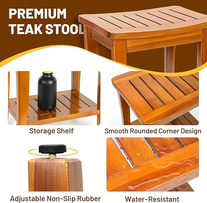 16" Compact Teak Shower Bench with Shelf, Premium Teak Shower Stool, Durable Waterproof Seat for Inside Shower, Solid Teak Wood Bench for Bathroom, Indoor & Outdoor Use