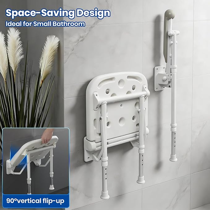 Folding Shower Seat with Adjustable PU Grab Bar, 550lbs Heavy Duty Fold Down Bath Bench with Legs, Non-Slip Comfort Grip and Removable Cushion, Wall Mounted Chairs for Seniors