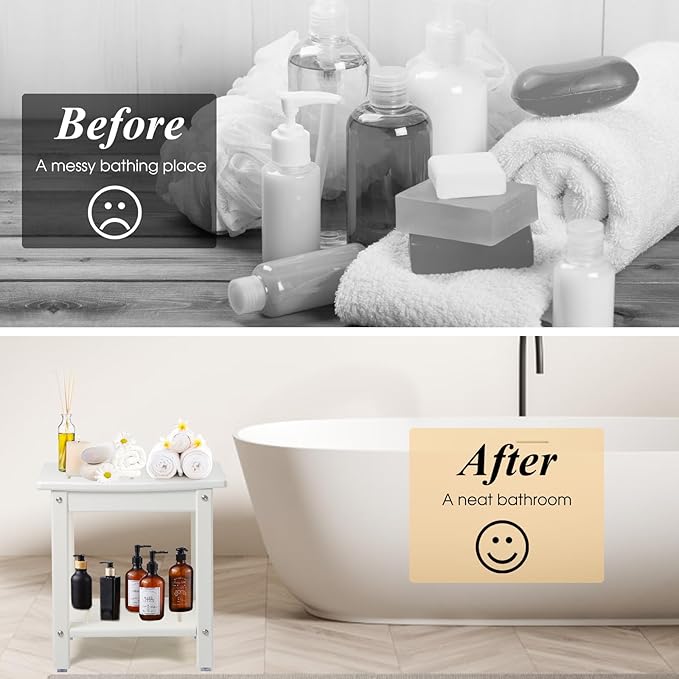 Apolimi Shower Chair, HDPE Shower Bench for Inside Shower to Sit On It, Shower Stool with Storage Shelf 2-Tier Spa Stool for Elderly,Water Resistant & Non-Slip Design Shower Seat Bench(White S Size)