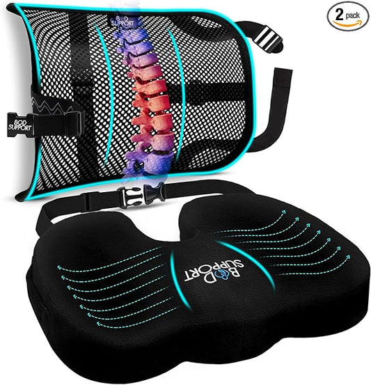 Seat Cushions for Office Chairs with Lumbar Support, Desk Chairs, and Car Seats - Adjustable Straps and Non-Slip Ergonomic Design for Tailbone and Lower Back Pain Relief for All Day Use