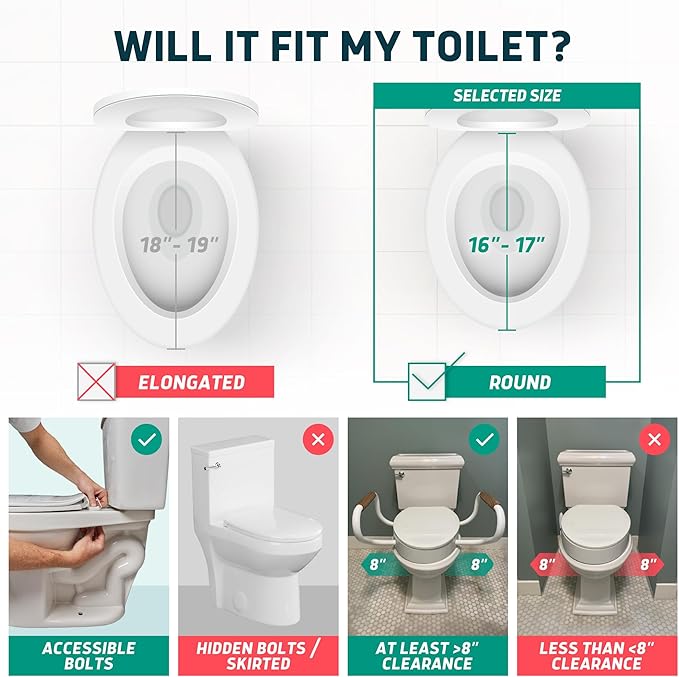 Lunderg Raised Toilet Seat with Handles - Round - Easy to Install Toilet Seat Risers for Seniors - Adds 3 Inches & Works like the one you’ve always used - Elegant design - No Hospital Vibe