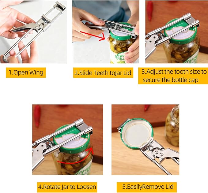 2 Pack Adjustable Stainless Steel Jar Opener for Seniors & Weak Hands, Bottle Lid Opener Tool with Non-Slip Grip, Easy Manual Canning Jar Cap Cracker Openers for Jars, Tops, Cans. (2)
