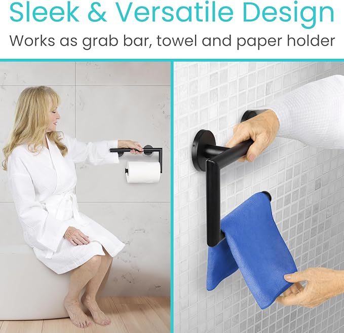 Vive Grab Bar with Toilet Paper Holder (350lbs) - Handrail Bar Combo for Bathroom Wall - Safety Support for Elderly, Seniors & Disabled - Handicap Assist for Restroom Walls & Getting up from Toilets
