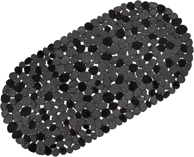 WELTRXE Pebbles Bath Mat for Tub Black Non-Slip Bathtub Mat with Suction Cups, Drain Holes for Bathroom Showers, Tub, Machine Washable, BPA, Latex Free Oval Shower Mats Bath Tub mat, 27 x 14 Inch