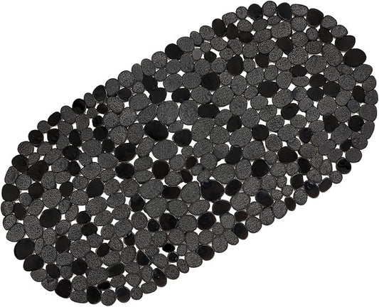 WELTRXE Pebbles Bath Mat for Tub Black Non-Slip Bathtub Mat with Suction Cups, Drain Holes for Bathroom Showers, Tub, Machine Washable, BPA, Latex Free Oval Shower Mats Bath Tub mat, 27 x 14 Inch