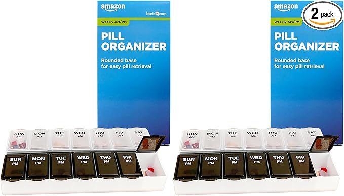 Amazon Basic Care 7-Day AM/PM Pill Organizer, Vitamin Case and Medicine Box with Large Compartments, 2 Times a Day, Black and Clear Lids (Pack of 2)
