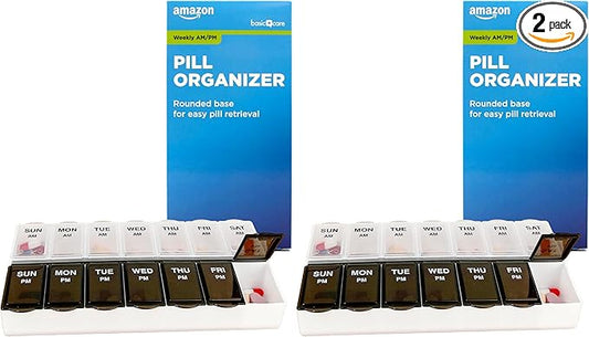 Amazon Basic Care 7-Day AM/PM Pill Organizer, Vitamin Case and Medicine Box with Large Compartments, 2 Times a Day, Black and Clear Lids (Pack of 2)