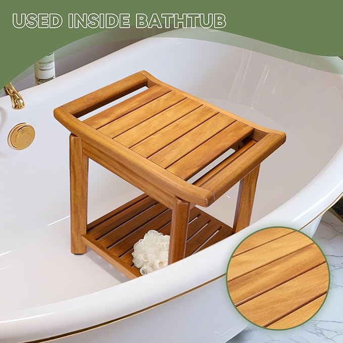 17" Teak Shower Chair with Storage Shelf & Handle, Non-Slip Waterproof Wooden Shower Bench, Stable Bathroom Seat and Heavy Duty Shower Stool for Tub or Indoor Use, Ideal for Elderly, Recovery