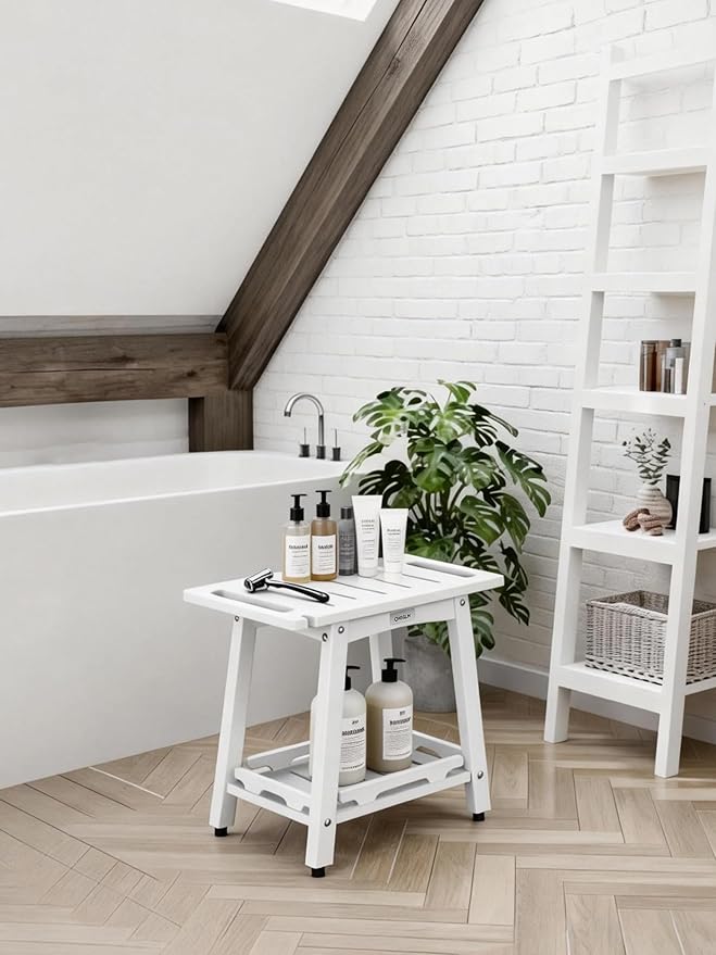 Shower Bench Seat, Non-Slip Shower Benches for Inside Shower to Sit on, HDPE Waterproof Shower Stool for Shaving Legs, Shower Chair with Adjustable Feet for Bathroom, Indoor/Outdoor Use, White