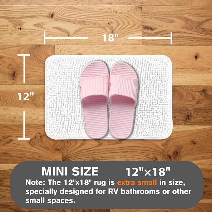 Small Bathroom Rug 12"x18" – Washable and Absorbent Bath Mat, Non Slip, Thick Soft Chenille Bath Rugs for Bathroom, Shower, Sink, Dog mat(White)
