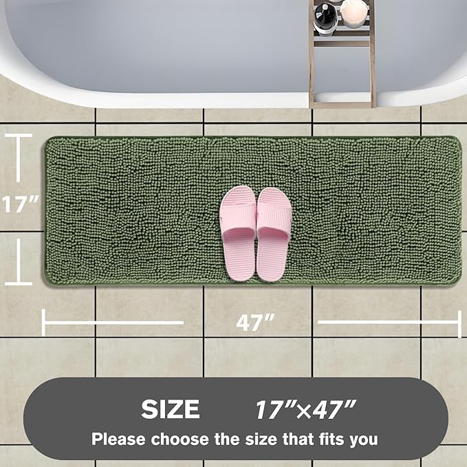 Bathroom Runner Rug 47 x 17 Inch – Long Bath Mat | Absorbent and Washable Thick Chenille Bath Rug Non-Slip Runner Rug for Bathroom, Shower, Sink(Loden Green)