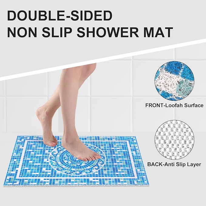 Extra Large Shower Mat: 24 X 36 Inch Stylish Shower Mats for Inside Shower - Soft PVC Loofah Trimmable Non Slip Shower Mat for Elderly, Quick Drying
