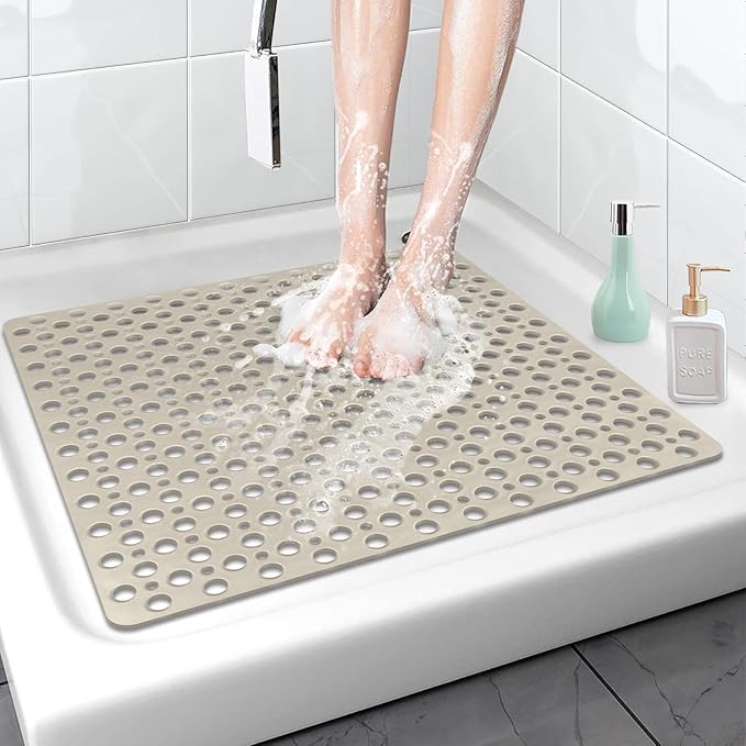 Square Shower Mat Non Slip, 27" x 27" Large Shower Mats for Inside Shower, Soft TPE Shower Floor Mat with Suction Cups and Big Drain Holes, Anti Slip Shower Stall Matt, Khaki