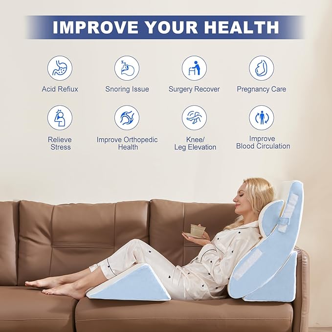 WSOFRLAC 4PCS Wedge Pillow Set for Sleeping – Orthopedic Bed Pillow for Post Surgery, Adjustable Memory Foam Support for Sitting Up in Bed, Back Pain, GERD, Snoring Relief, White Blue