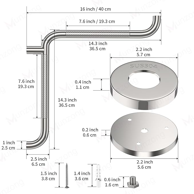 16 Inch Angled Shower Grab Bar, Munzong Anti Slip Satin Brushed Nickel Bathroom Grab Bar, L-Shaped Knurled Balance Bar, Safety Hand Rail Support Handicap Elderly Injury Senior Assist Bath Handle