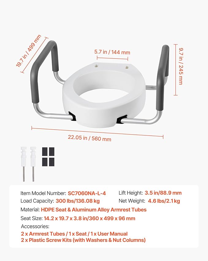 VEVOR Raised Toilet Seat with Arms, 300 lbs Load Capacity, 3.5-Inch Lift Height, Widened Commode Elevated Toilet Seat Riser with Padded Handles for Seniors, Elderly, Handicap, Disabled, and Adults