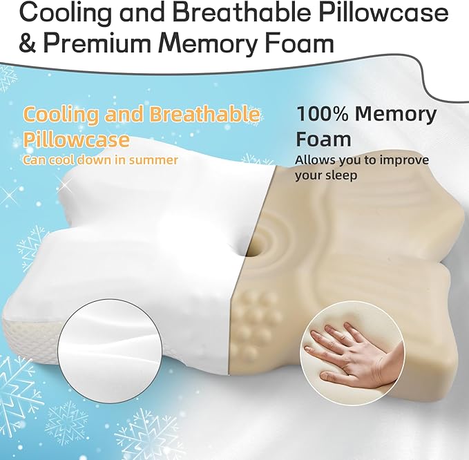 Cervical Neck Pillow for Pain Relief, Ergonomic Neck Support Pillow for Side Sleeper, Contour Memory Foam Pillows with Cooling Pillowcase Orthopedic Bed Pillow for Back Stomach Sleepers, White