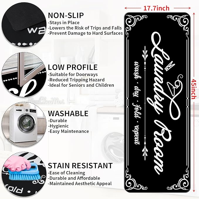 Laundry Room Rug Runner, 17.7"x45" Non Slip Black Laundry Rugs, Farmhouse Washable Floor Laundry Mats for Laundry Room, Mudroom, Kitchen, Washroom, Bathroom, Hallway Entryway Area Rugs Decor