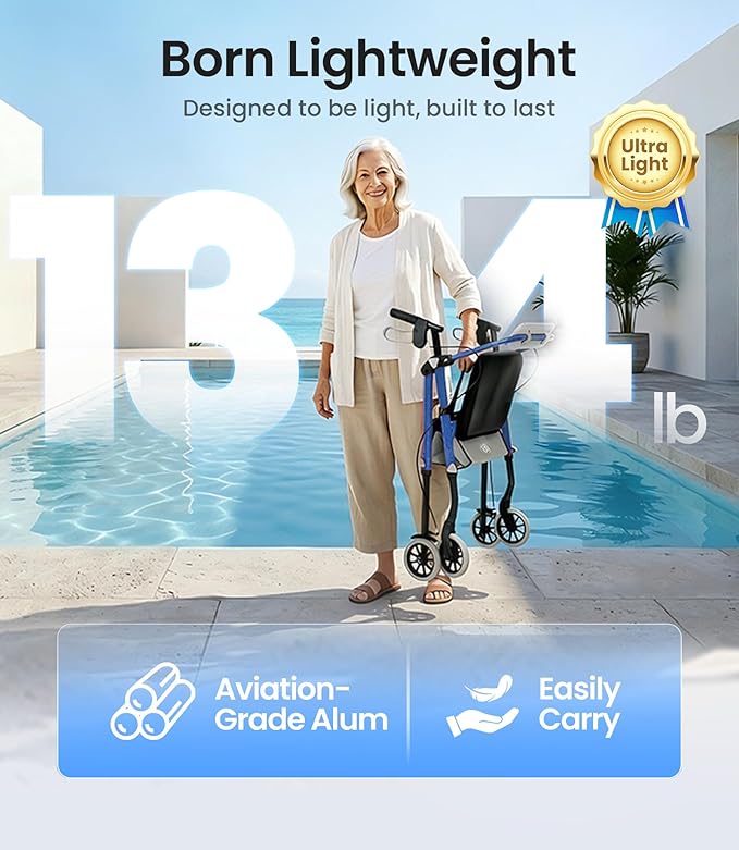VOCIC Walkers for Seniors, Z12 Rollator Walker with Seat, Ergo Seat & Backrest, Foldable Rollator Adjustable Height, All Terrain Walker, Ultra Light