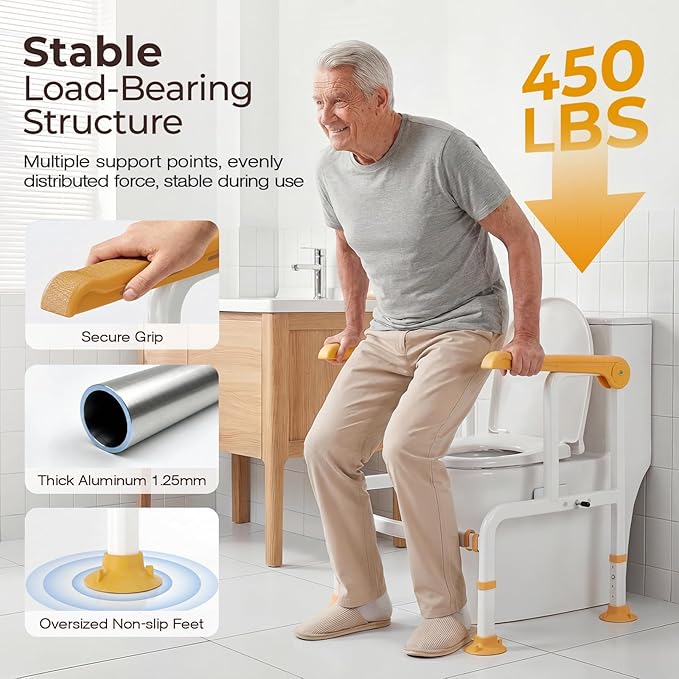 Toilet Safety Rails for Elderly & Disabled with Glow-in-the-Dark Handles, 450 lbs Heavy-Duty Frame, Flip-Up Arms, Dual Lock (Suction & Clamp), Adjustable No-Wobble Support, Yellow