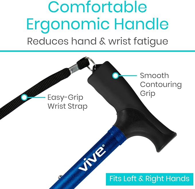 Vive Folding Cane - Foldable Walking Cane for Men, Women - Fold-up, Collapsible, Lightweight, Adjustable, Portable Hand Walking Stick - Balancing Mobility Aid - Sleek, Comfortable