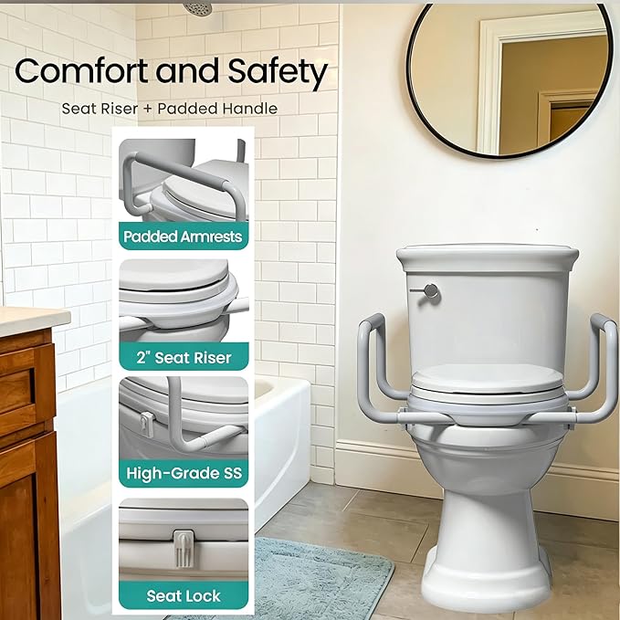 R&T 2" Toilet Seat Riser with Handles – Comfortable Raised Toilet Seat for Seniors, Fits for Elongated Toilets, Elevated Seat with Soft Grey Padded Arms for Bathroom