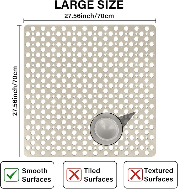 Square Shower Mat Non Slip, 27" x 27" Large Shower Mats for Inside Shower, Soft TPE Shower Floor Mat with Suction Cups and Big Drain Holes, Anti Slip Shower Stall Matt, Khaki
