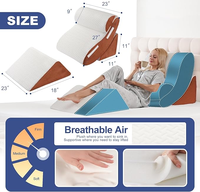 WSOFRLAC Orthopedic Bed Wedge Pillow Set 4PCS – Memory Foam Pillows for Sleeping, Post Surgery, Back Pain, Sitting Up in Bed, Acid Reflux, Snoring, Leg & Arm Support, White Brown