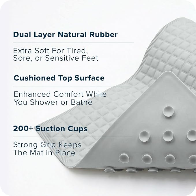 SlipX Solutions Pillow Top Cushioned Bath Mat, Non Slip Comfort Underfoot, 700 Air-Filled Pillows, Soft Shower Mat, Strong Suction Cups, Gray, 27" x 15.5"