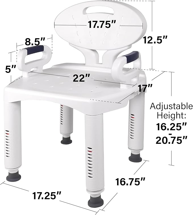 Vaunn Medical Shower Chair Bath Seat with Padded Arms, Removable Back and Adjustable Legs for Bathtub Safety (Wide Chair With Arms)