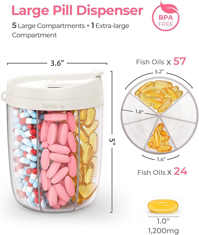 AMOOS Large Pill Dispenser with 6 Compartments, Anti-Mix Pill Bottle Organizer with Wide Opening & Easy Retrieval, Vitamin Organizer for Travel, BPA-Free Pill Box with a Strap, White