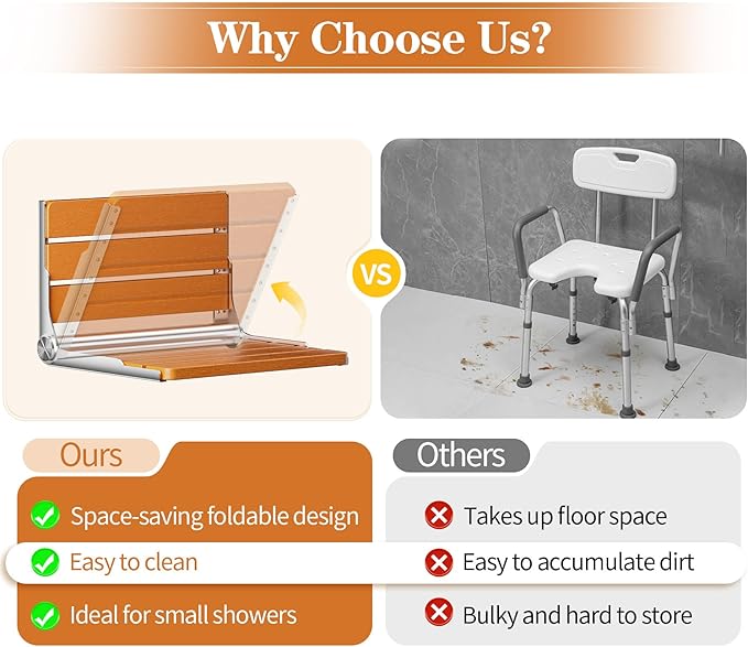 Folding Shower Seat Wall Mounted, 15" Folding Shower Bench for Elderly, Disabled, Pregnant, Foldable Shower Chair for Small Bathroom, 400 lbs Capacity, Space-Saving Design - Teak