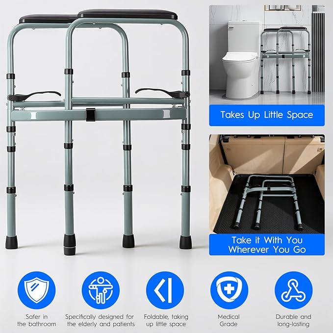 Toilet Safety Rail for Seniors – Adjustable & Foldable Toilet Safety Frame with Padded Handles, Stand Alone Bathroom Safety Rail & Toilet Support for Elderly, Fits Most Toilets, 350 lb Capacity