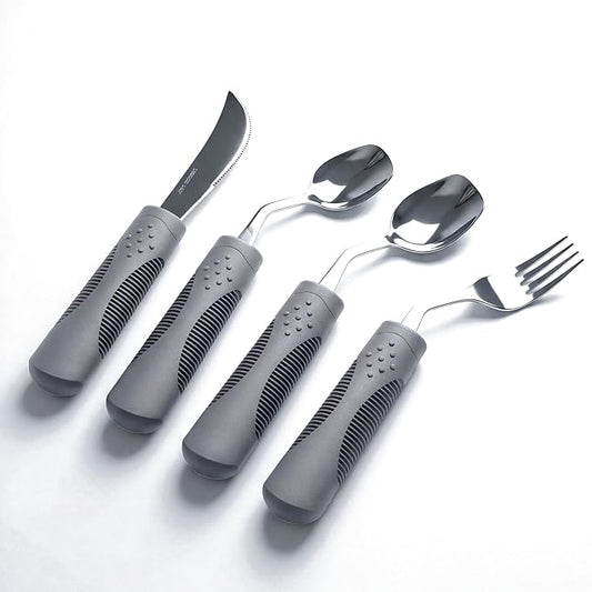 Adaptive Utensils 4-Piece Set | Weighted Silverware for Hand Tremors & Parkinson's | 42° Angled Rocker Knife & Shovel Spoon | 140g Weighted Utensils for Arthritis, Elderly (Grey,
