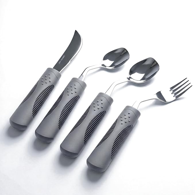 Adaptive Utensils 4-Piece Set | Weighted Silverware for Hand Tremors & Parkinson's | 42° Angled Rocker Knife & Shovel Spoon | 200g Weighted Utensils for Arthritis, Elderly (Grey,