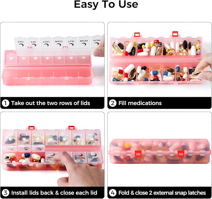 Foldable Pill Organizer Weekly 2 Times a Day, 7 Day Portable AM PM Travel Pill Case with Black&White Labels, Dual-Protection Daily Medicine Box, Large Pill Container for Vitamin/Supplement-Clear Pink