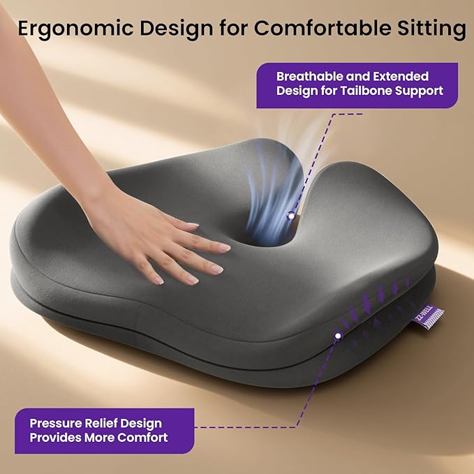 ZZ-WELL Seat Cushions for Office Chairs, Car Seat - Patented Coccyx Cushion for Tailbone Pain - Memory Foam Butt Cushion for Pressure Relief - Carry Handle & Non Slip Bottom (Grey)